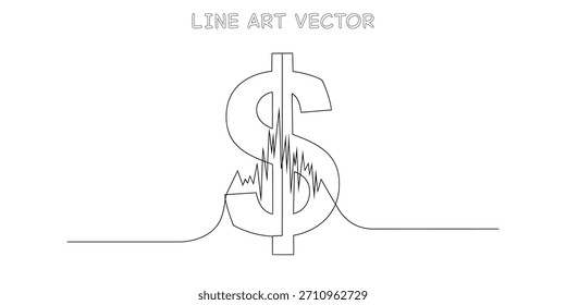 Kontinuierliche einzeilige Zeichnung eines Dollarzeichens, das mit einer flüchtigen Graphlinie integriert ist, die Marktschwankungen zeigt