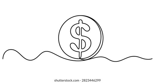 Continuous one line drawing of a dollar coin. Vector illustration of a coin with a dollar sign symbol isolated on white background.