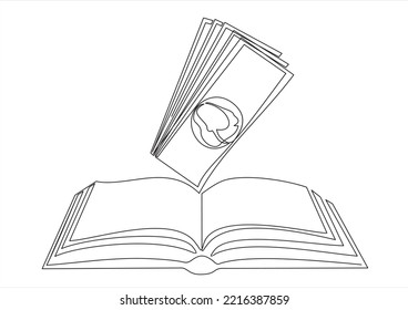 continuous one line drawing of dollars and open book. Valuable information. Can used for logo, emblem, slide show and banner.