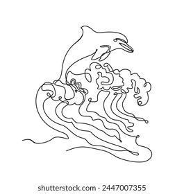 Continuous one line drawing of dolphin. Line Art. Hand drawn vector illustration of a dolphin diving in the sea waves. One single line drawing of dolphin for company logo identity, circus icon. Vector