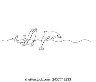 Continuous one line drawing of dolphin fish. Bottlenose dolphin simple outline vector design. Editable stroke.