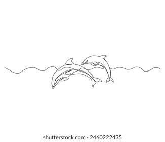 Continuous one line drawing of dolphin fish. Bottlenose dolphins simple outline vector design. Editable stroke.