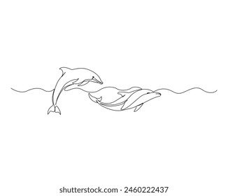 Continuous one line drawing of dolphin fish. Bottlenose dolphins simple outline vector design. Editable stroke.