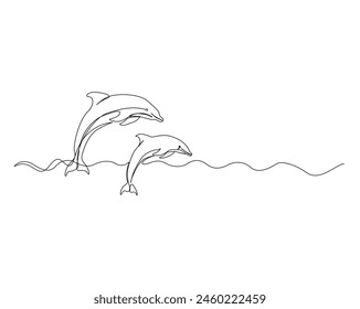Continuous one line drawing of dolphin fish. Bottlenose dolphins simple outline vector design. Editable stroke.