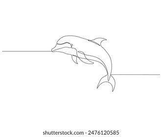 Continuous one line drawing of dolphin fish. One line drawing illustration of bottlenose dolphin. Marine animal concept single line. Editable outline.