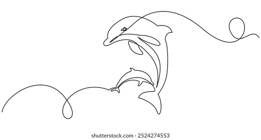 continuous one line drawing of dolphins jumping.single line 2 dolphins jumping on the water surface.one line vector illustration.isolated white background