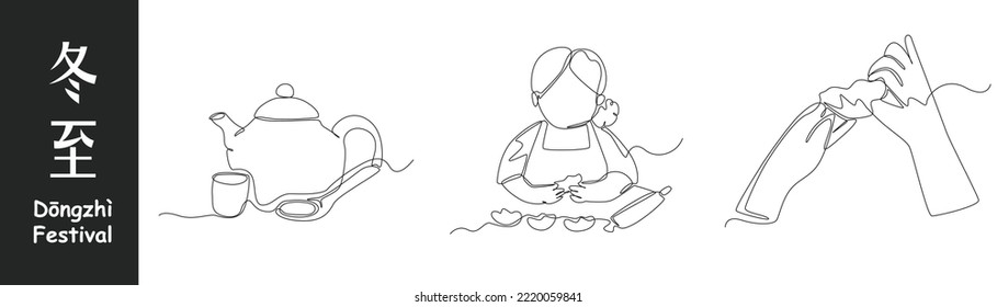 Continuous one line drawing dongzhi festival concept set. Traditional Teapot, girl makes Pan-Fried Dumplings and hand hold dumpling. Single line draw design vector graphic illustration.