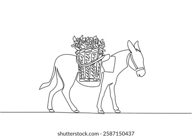 Continuous one line drawing a donkey carrying rattan basket filled with flowers on its back. Make it easier for farmers. Daily activities. World Donkey Day. Single line draw design vector illustration