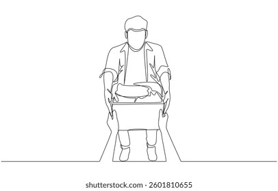 Continuous one line drawing of donor handing box of donated clothing to recipient, donation and charity concept, single line art