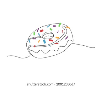 Continuous one line drawing of donut with colorful sprinkles. Editable stroke. Concept for cafe, bakery, restaurant. Modern style vector illustration on isolated background.