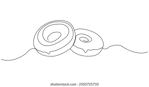 Continuous one line drawing of donut with colorful sprinkles. Editable stroke. Concept for cafe, bakery, restaurant. Modern style vector illustration on isolated background. Line Art Illustration
