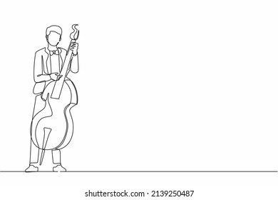 Continuous one line drawing double bass player standing with big string instrument. Man musician playing classical music with fingers. Professional contrabassist. Single line graphic design vector