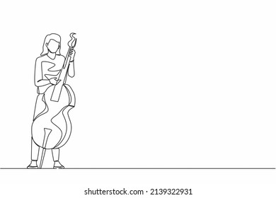 Continuous one line drawing double bass player standing with big string instrument. Woman musician playing classical music with fingers. Professional contrabassist. Single line graphic design vector