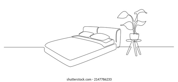 Continuous one line drawing of double bed and table with potted plant. Scandinavian stylish furniture for sleep bedroom in simple Linear style. Editable stroke. Doodle vector illustration
