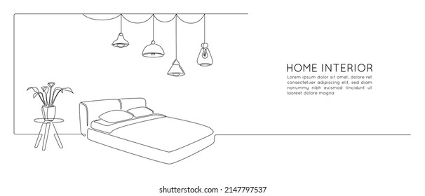 Continuous one line drawing of double bed and table with home plant and hanging pendant loft lamps. Scandinavian furniture for sleep bedroom in simple linear style. Vector illustration