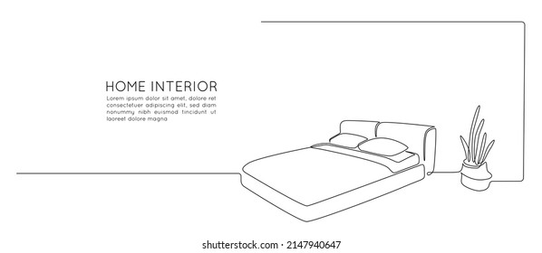 Continuous one line drawing of double bed and potted flor plant. Scandinavian stylish furniture for sleep bedroom in simple Linear style. Editable stroke. Doodle vector illustration