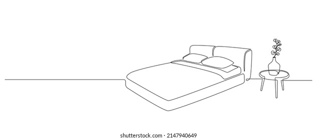 Continuous one line drawing of double bed and table with vase and plant. Scandinavian stylish home furniture for sleep bedroom in simple Linear style. Editable stroke. Doodle vector illustration