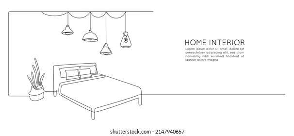 Continuous one line drawing of double bed and table with potted flor plant and hanging loft lamps. Scandinavian home furniture for sleep bedroom in simple linear style. Vector illustration