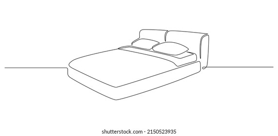 Continuous one line drawing of double bed with pillows. Cozy Scandinavian stylish furniture for sleep bedroom in simple Linear style. Editable stroke. Doodle vector illustration
