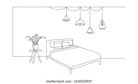 Continuous one line drawing of double bed and table with potted plant and hanging loft lamps. Cozy Scandinavian home furniture for sleep bedroom in simple linear style. Doodle Vector illustration
