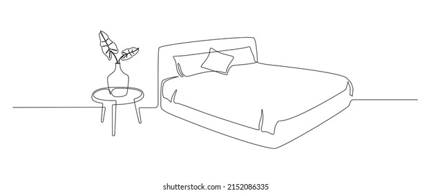 Continuous one line drawing of double bed with pillows and table with vase and plant. Modern loft furniture for stylish bedroom in simple linear style. Editable stroke. Doodle vector illustration