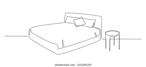 Continuous one line drawing of double bed with pillows and nightstand. Modern loft furniture for stylish bedroom in simple linear style. Editable stroke. Doodle vector illustration