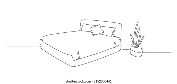 Continuous one line drawing of double bed with pillows and potted cactus on the floor. Modern furniture for stylish bedroom in simple linear style. Editable stroke. Doodle vector illustration