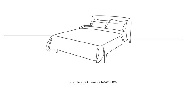 Continuous one line drawing of double bed. Scandinavian stylish furniture for cozy sleeping bedroom in simple linear style. Editable stroke. Doodle vector illustration