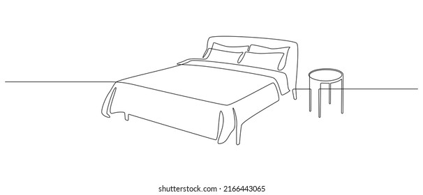 Continuous one line drawing of double bed and table. Scandinavian stylish furniture for cozy loft bedroom in simple linear style. Editable stroke. Doodle vector illustration