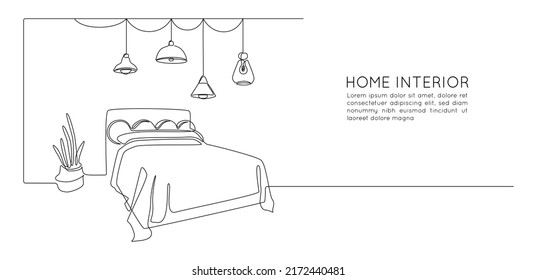 Continuous one line drawing of double bed and table and loft chandelier lamps. Modern scandinavian interior for cozy bedroom in simple linear style. Editable stroke. Doodle vector illustration