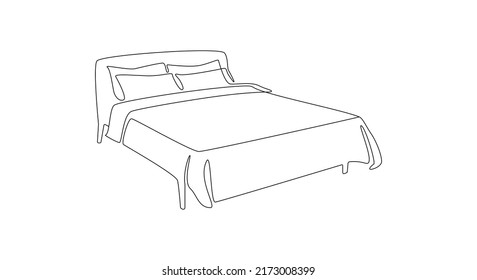 Continuous one line drawing of double bed thin icon. Modern comfortable cozy furniture for bedroom in simple linear style. Editable stroke. Doodle vector illustration