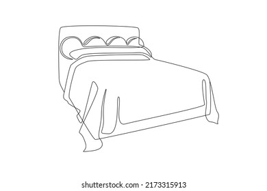 Continuous one line drawing of double bed thin icon. Modern comfortable luxury furniture for bedroom in simple linear style. Editable stroke. Doodle vector illustration