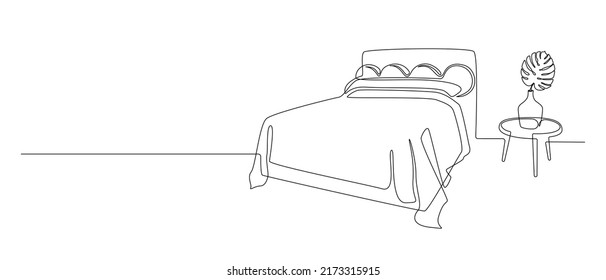 Continuous one line drawing of double bed and table with vase and monstera. Modern scandinavian interior and soft for cozy bedroom in simple linear style. Editable stroke. Doodle vector illustration
