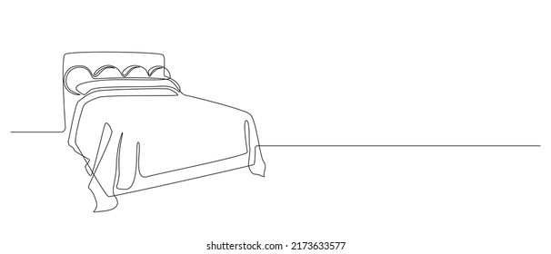 Continuous one line drawing of double bed in bedroom. Modern cozy scandinavian inerior in simple linear style. Editable stroke. Doodle vector illustration