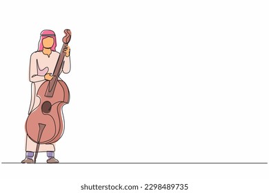 Continuous one line drawing double bass player standing with big string instrument. Arab man musician playing classical music with fingers. Professional contrabassist. Single line draw design vector
