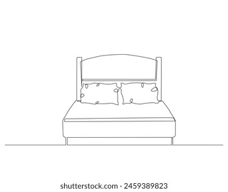 Continuous one line drawing of double bed with pillows. One line drawing illustration of bed. Interior of bedroom concept continuous line art. Editable outline.
