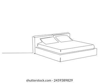 Dibujo continuo de una línea de cama doble con almohadas. Ilustración de dibujo de una línea de cama. Interior de la línea de arte de concepto de dormitorio.