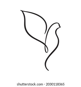 Continuous one line drawing dove bird. Flying pigeon logo. Black and white vector illustration. Concept for icon, card, banner, poster, flyer