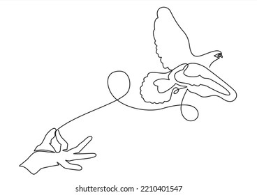 El contínuo dibujo de una línea se paloma en la mano. Concepto del Día de la Paz. Ilustración gráfica vectorial de diseño de líneas simples.