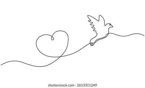 continuous one line drawing of a dove flying towards a heart, symbolizing love and freedom.