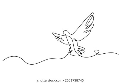 Desenho contínuo de uma linha de pomba pássaro o símbolo de amor e peça. Pigeon em ilustração de desenho de linha única. Traçado editável.