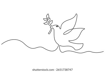 Desenho contínuo de uma linha de pomba pássaro o símbolo de amor e peça. Pigeon em ilustração de desenho de linha única. Traçado editável.