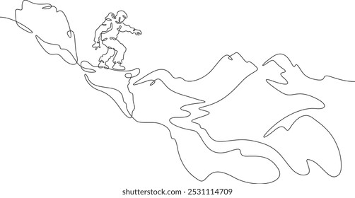 Uma linha contínua descendo em uma prancha de neve. Snowboard nas montanhas. Paisagem de montanha. Extremo.  Uma linha contínua isolada ilustração mínima.