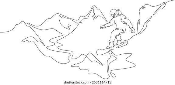 Uma linha contínua descendo em uma prancha de neve. Snowboard nas montanhas. Paisagem de montanha. Extremo.  Uma linha contínua isolada ilustração mínima.