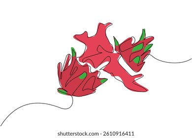 Continuous one line drawing dragon fruit cut into 2 parts and the bottom part that is cut releases splash juice. Enjoying sweet dragon fruit. Juice Splash. Single line draw design vector illustration