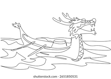 Continuous one line drawing dragon boat without passengers filled with drums sail on the sea full of waves. Annual celebration at sea. Dragon Boat Festival. Single line draw design vector illustration