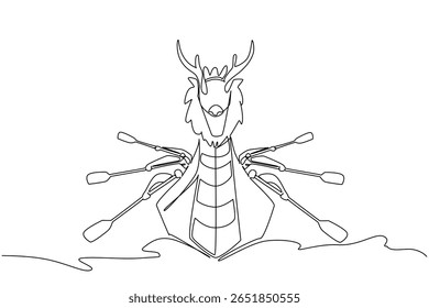 Uma linha contínua desenhando barco dragão vela no oceano com mãos remo em ambos os lados do barco. Uma equipe coesa. Entusiasta. Festival do Barco Dragão. Ilustração de vetor de design de desenho de linha única