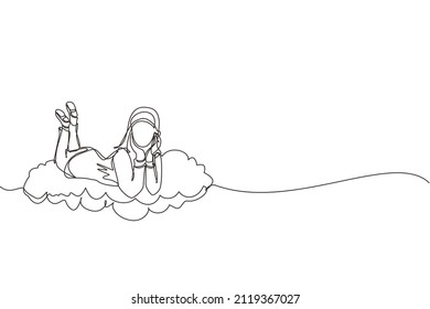 Continuous one line drawing dreamer. Arabian businesswoman lay on the clouds and dreaming or thinking something about new business. Woman lying on cloud. Single line design vector graphic illustration