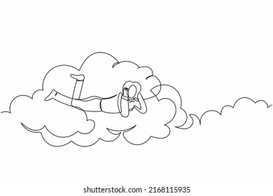 Continuous one line drawing dreamer businesswoman lay on the clouds and dreaming or thinking about new business project. Female resting after work. Single line draw design vector graphic illustration