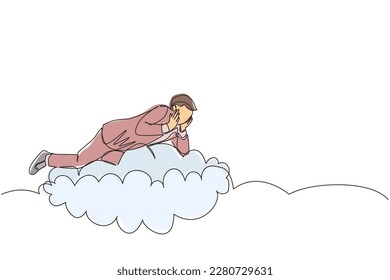 Continuous one line drawing dreamer. Businessman lay on the clouds and dreaming or thinking something about new business. Young man lying on the cloud. Single line design vector graphic illustration